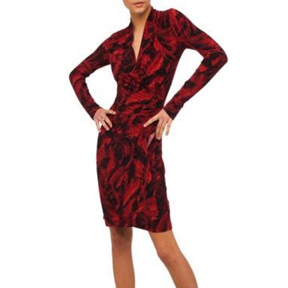 Norma Kamali Faux Wrap jersey faux knit wrap dress feather red black shift Large - Picture 1 of 5